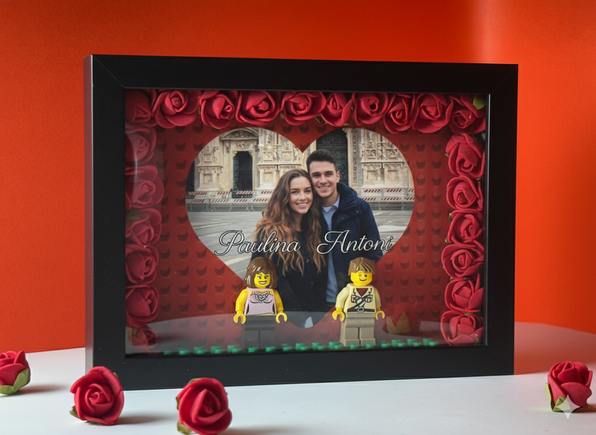 Personalizowana Ramka 3D "Nasza Miłość" – Minifigurki, Róże i Wasze Zdjęcie